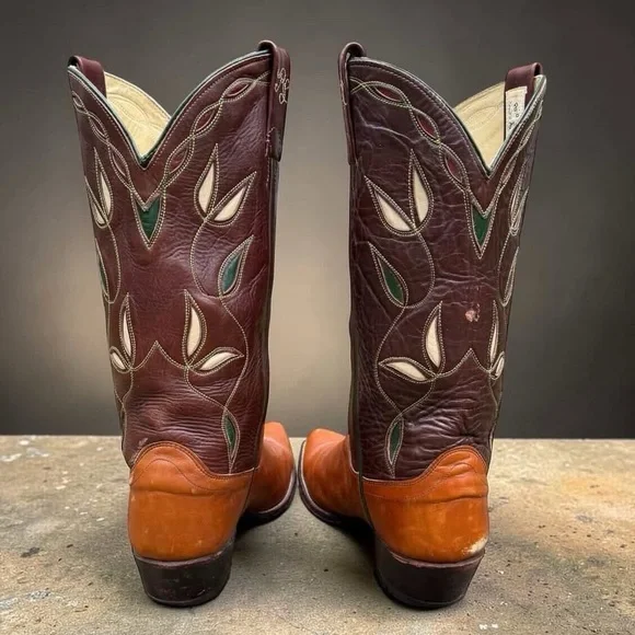 1970s • Ralph Lauren Leaf Inlay • Men’s 9.5 D Vintage Cowboy Western Boots